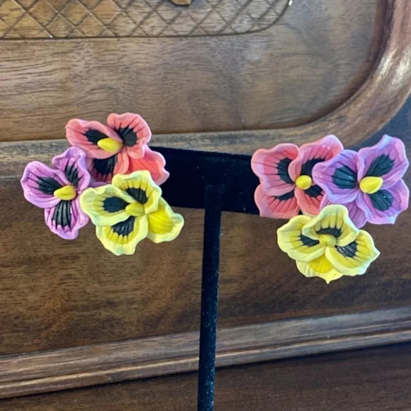 Colourful Pansy Flower Earrings - Picture 6 of 17